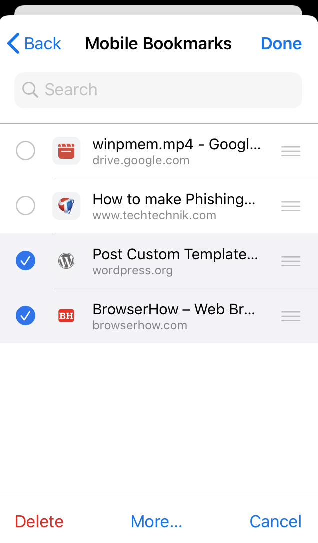 Choose Multiple Bookmarks in Chrome iOS with Delete command button