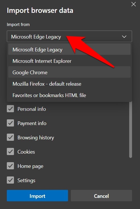 Choose import from source in Microsoft Edge