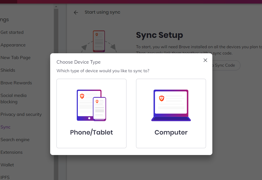 Choose Device Type on Brave Browser