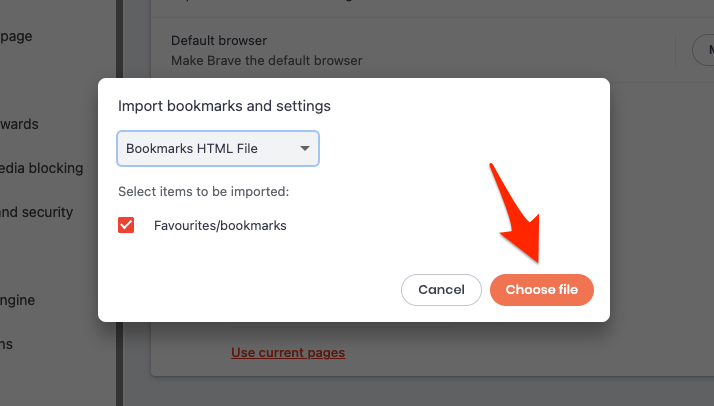 Choose and Import Brave Bookmarks from HTML file
