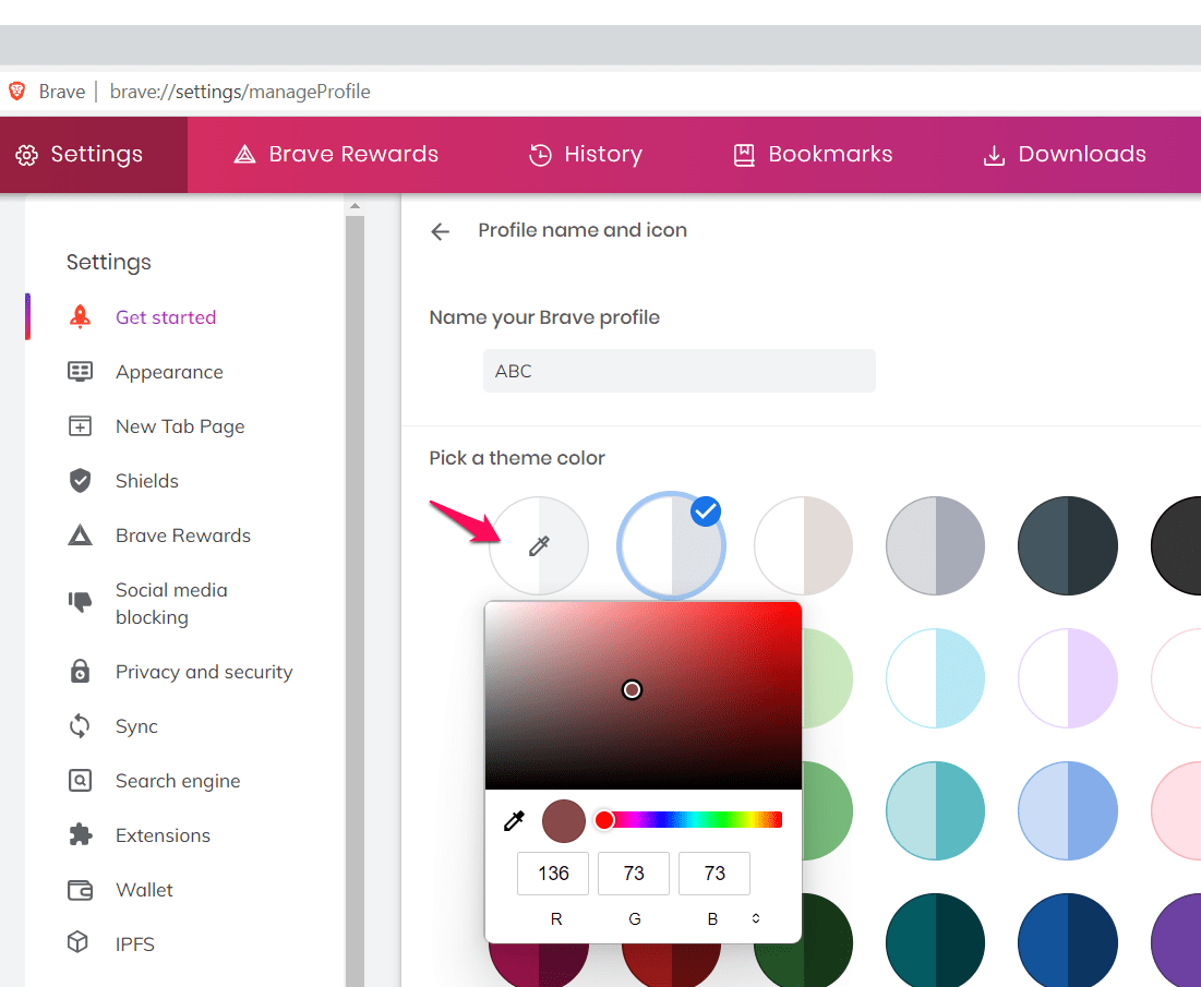 Choose the Theme color preference for Brave browser