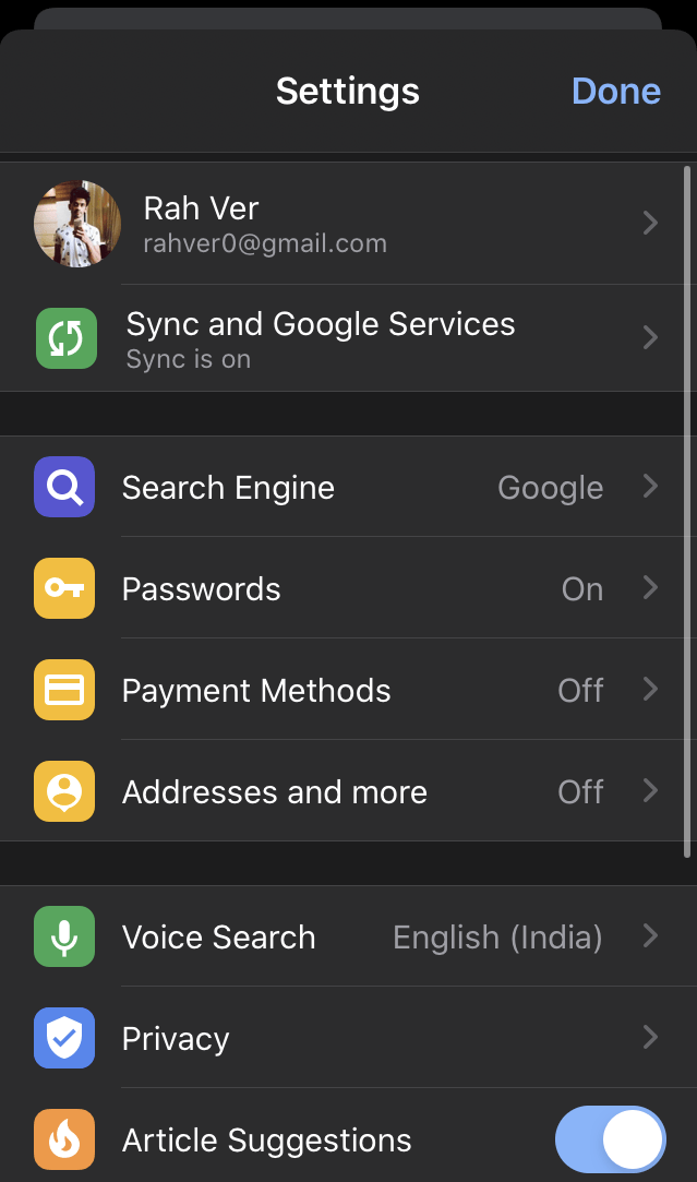 Chrome Browser Settings menu in iOS