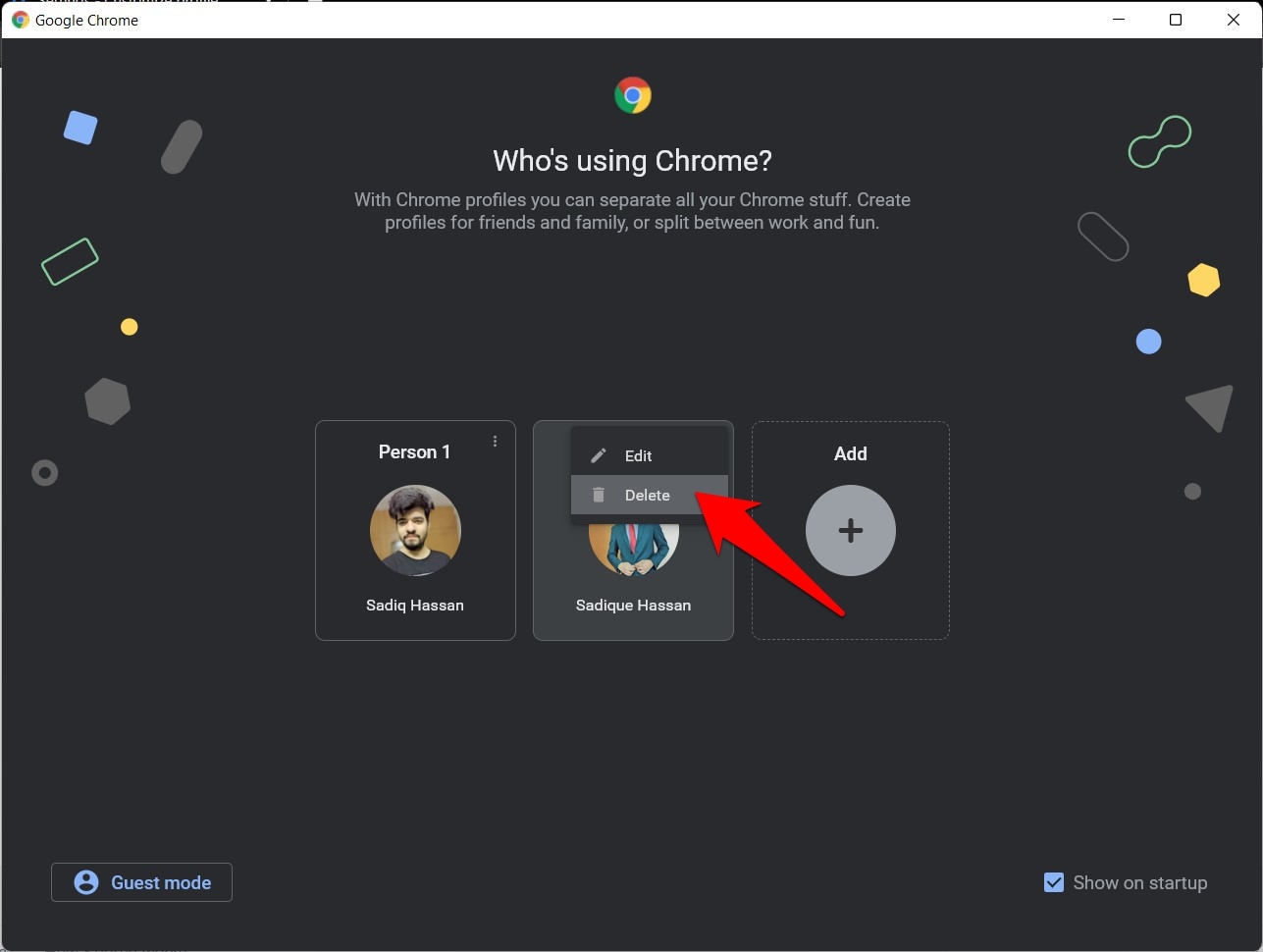Chrome Profile Delete Command option