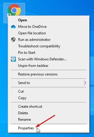Chrome Properties option in Windows OS