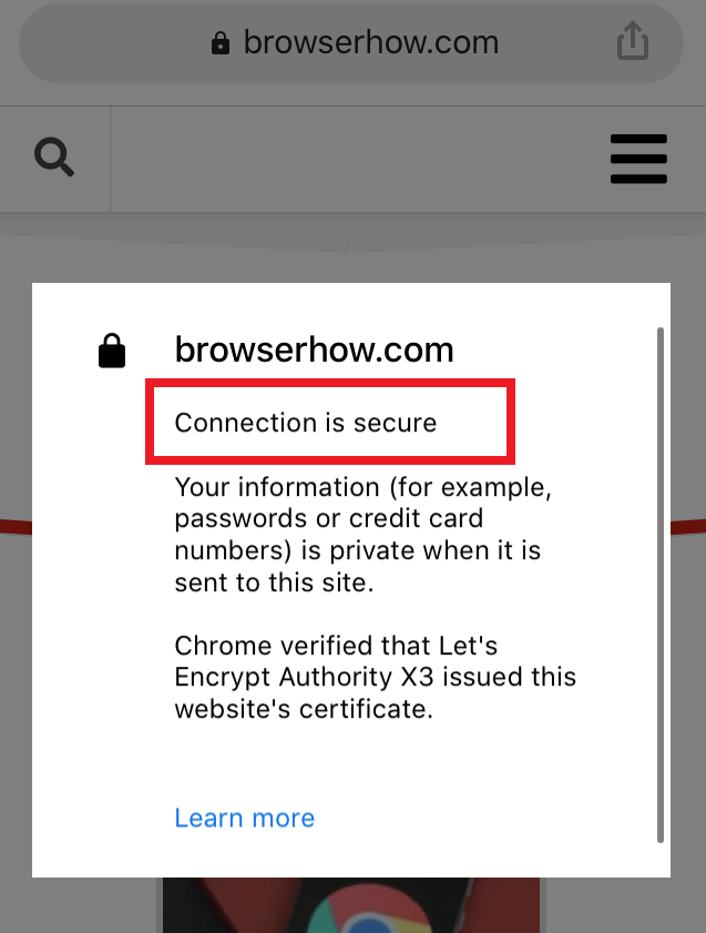 Chrome iOS Site Information Pop-up window
