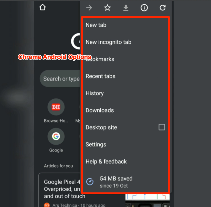 Chrome Android Menu and Options