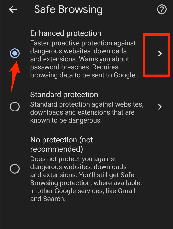 Tùy chọn Bảo vệ nâng cao duyệt web an toàn trên Chrome Android