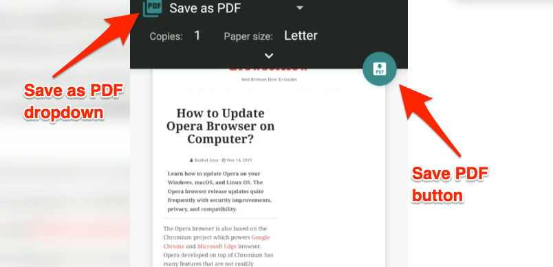 Chrome Android: сохранение в формате PDF и предварительный просмотр печати