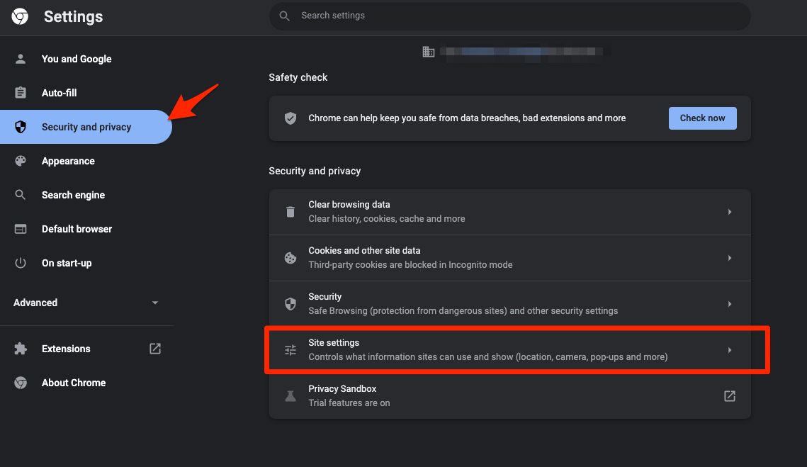 Chrome Security and Privacy tab with Site Settings menu option