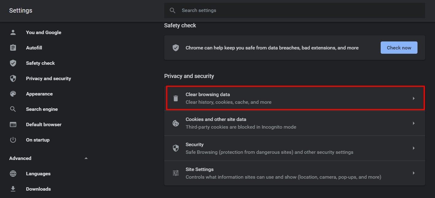 Clear Browsing Data menu tab in Chrome Browser