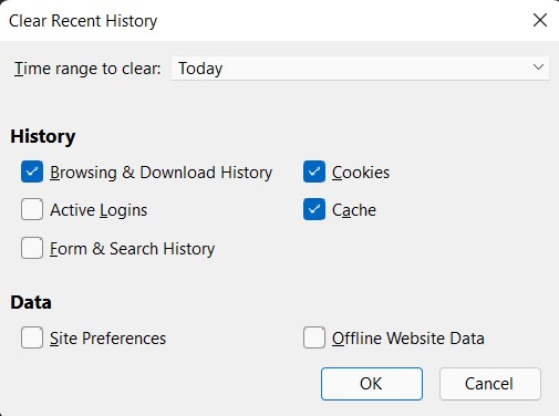 Clear Browsing data History Cookies and Cache in Firefox browser