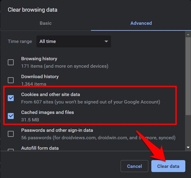 Clear browsing data options in Chrome browser