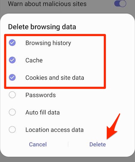 Clear Browser Data from Samsung Internet