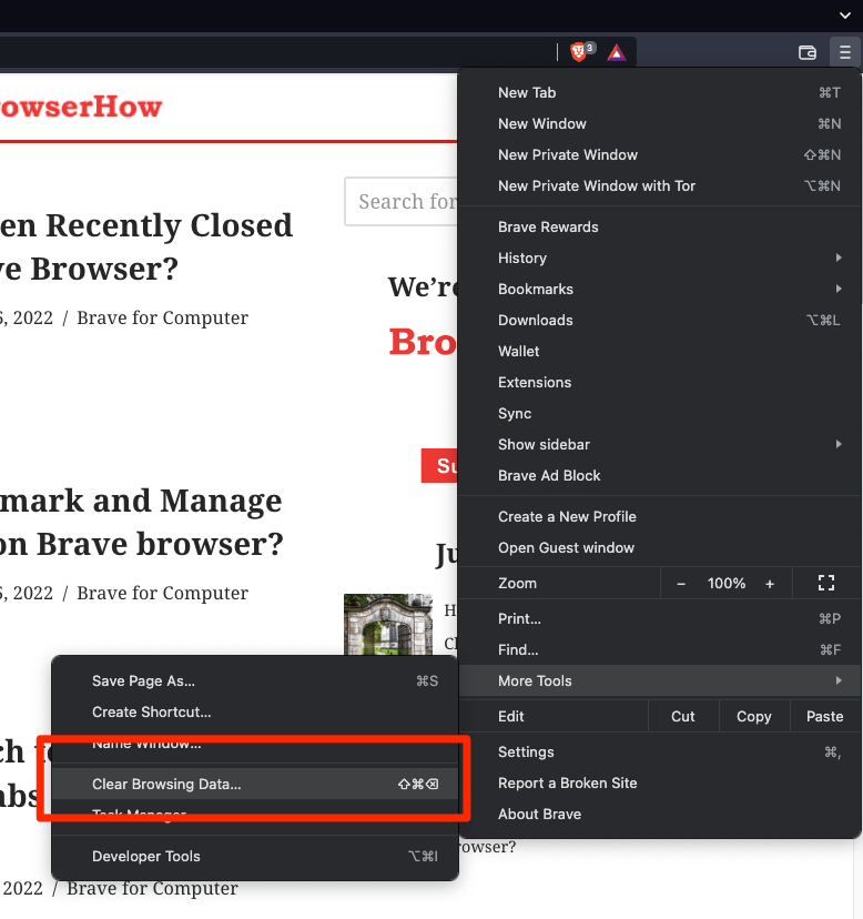 Clear Browsing Data menu in More Tools on Brave Browser