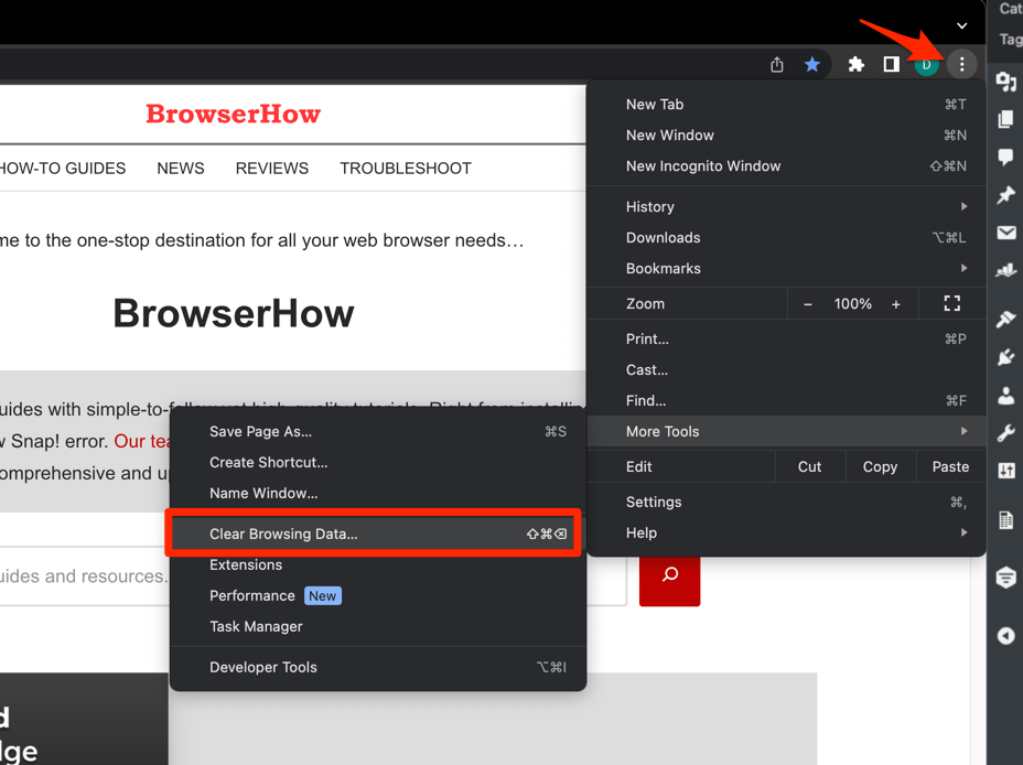 Clear Browsing Data menu under More Tools in Chrome computer