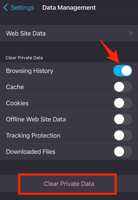Clear Private Data Browsing History from Firefox app on iPhone