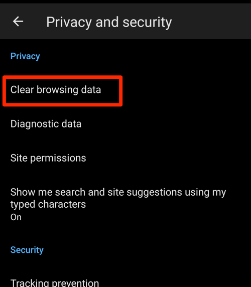 Clear browsing data menu on Edge for Android