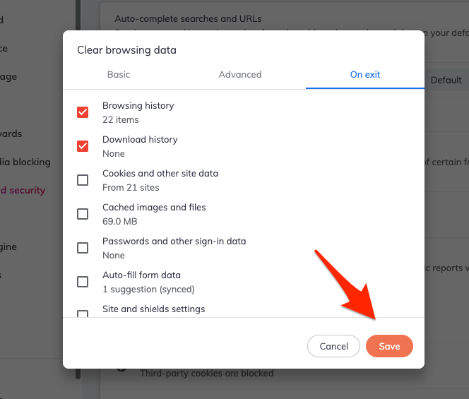Clear browsing data on Exit in Brave browser settings