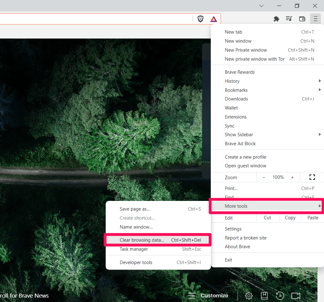 Clear browsing data under More Tools option in Brave browser