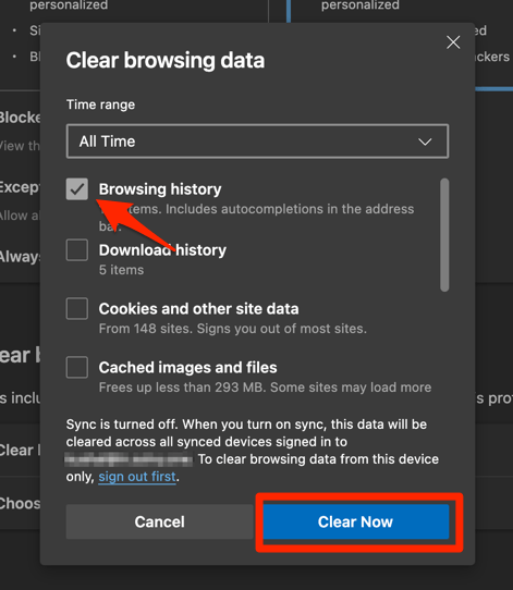 Clear browsing data window with Browsing History checkbox on Edge computer