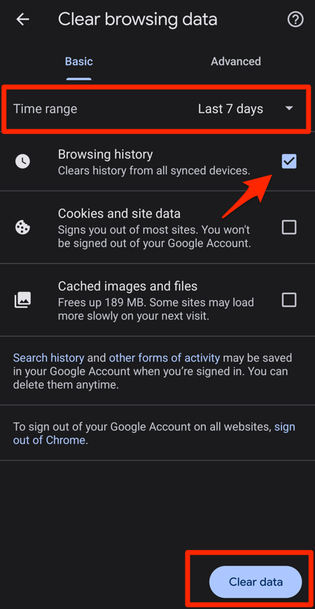 Clear browsing history from Chrome for Android under Clear browsing data