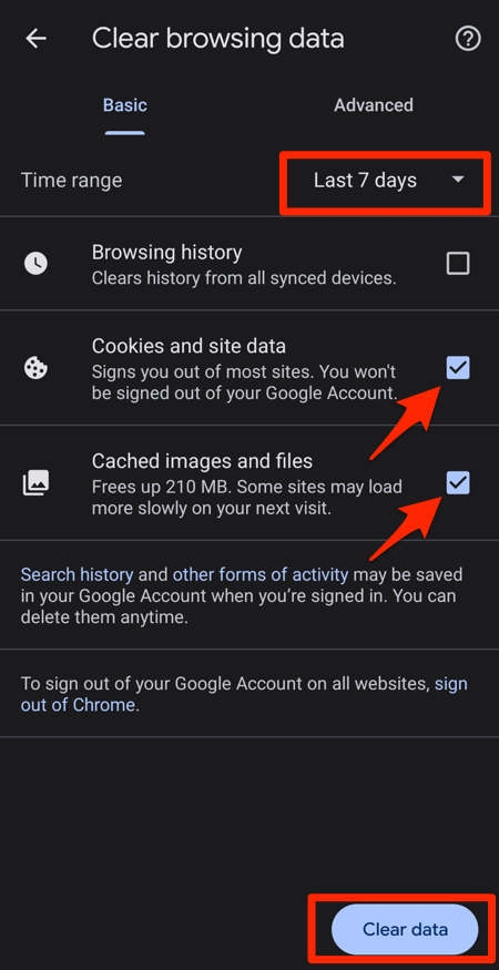 Clear cookies and cache data from Chrome for Android with Clear data command