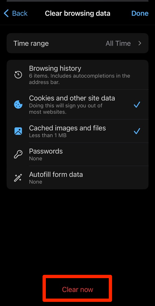 Clear cookies and cache data from Edge on iPhone