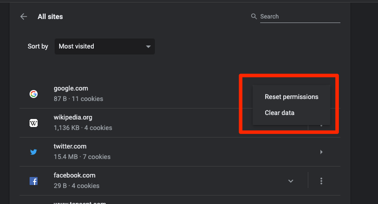 Clear data and reset permissions in chrome computer