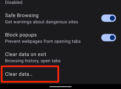 Clear data option under Privacy and Security menu of Opera Android