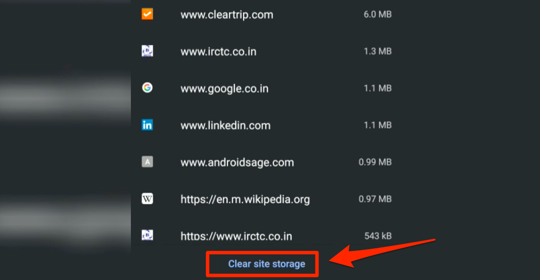 Clear site storage Chrome Android