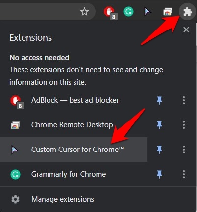 Click to Open Custom Cursor for Chrome installed extension