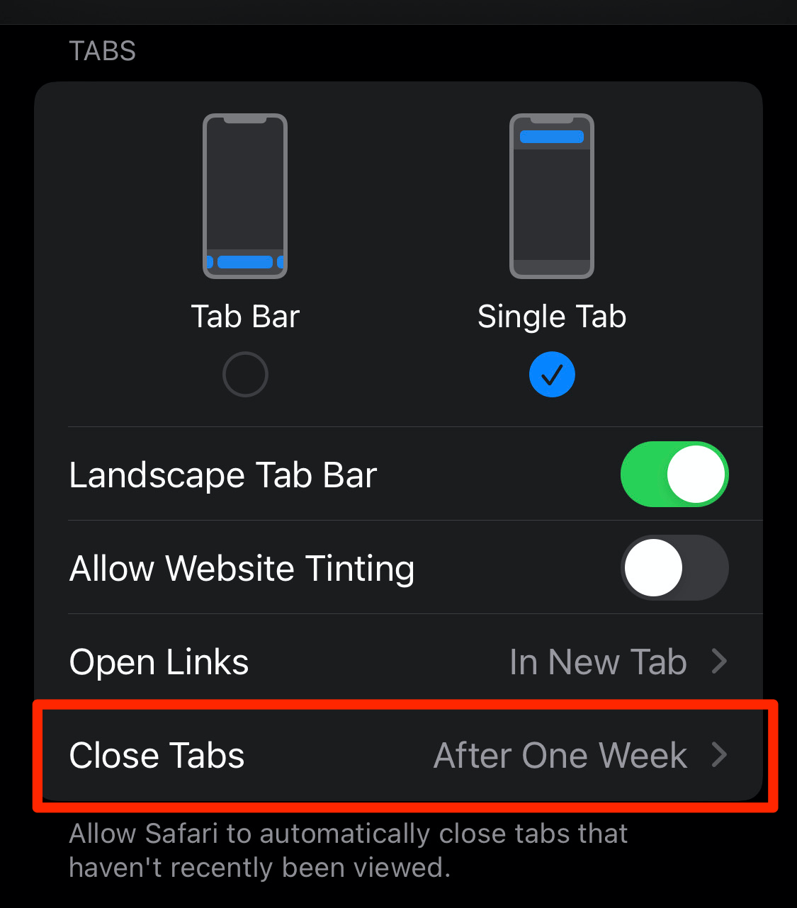 Close Tabs option in Safari Settings on iPhone