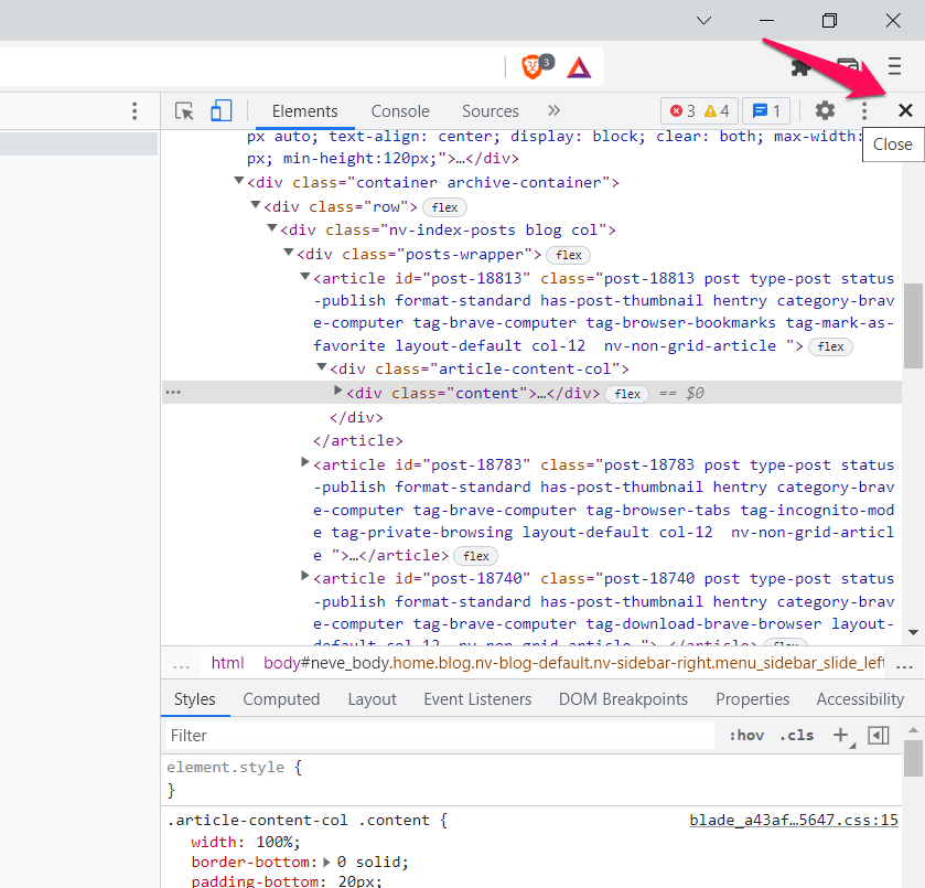 Close the Developer Tools window in Brave Computer browser