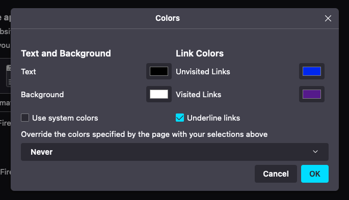 Colors option in Firefox for website appearance customization