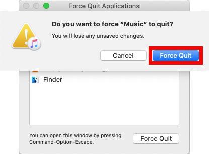 Confirming Force Quit of Music App in Mac computer