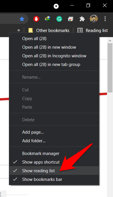 Context menu with show reading list option enabled on bookmark bar