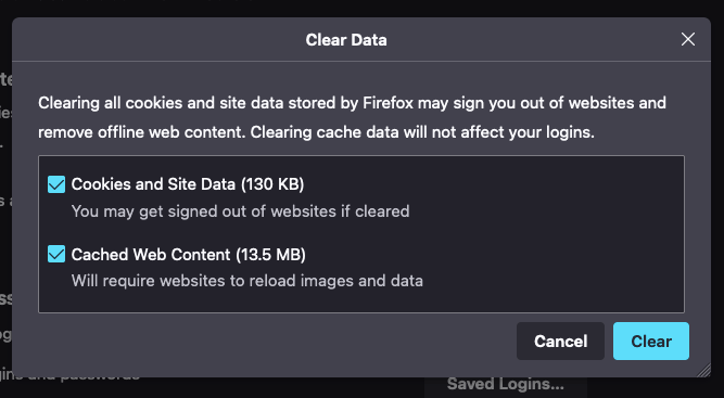 Cookies and Cache Clear Data window in Firefox computer