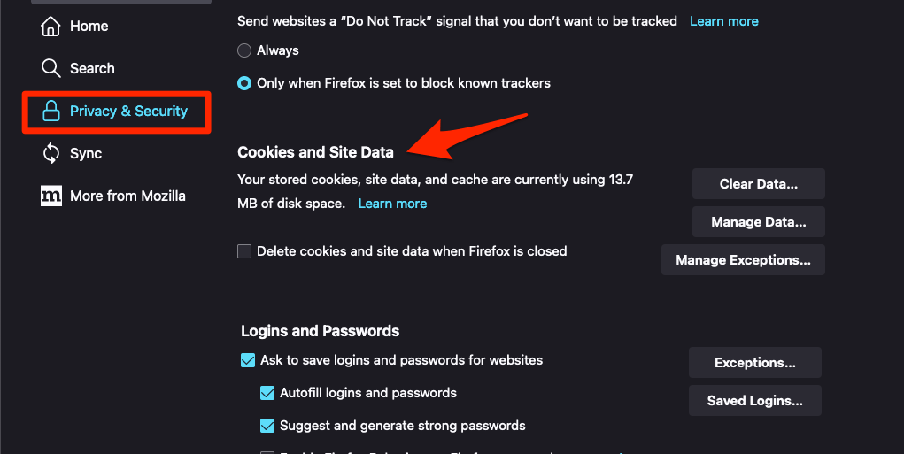 Cookies and Site Data section in Firefox Computer under Privacy and Security settings