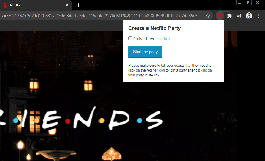 Create a Netflix Party and control Start the party
