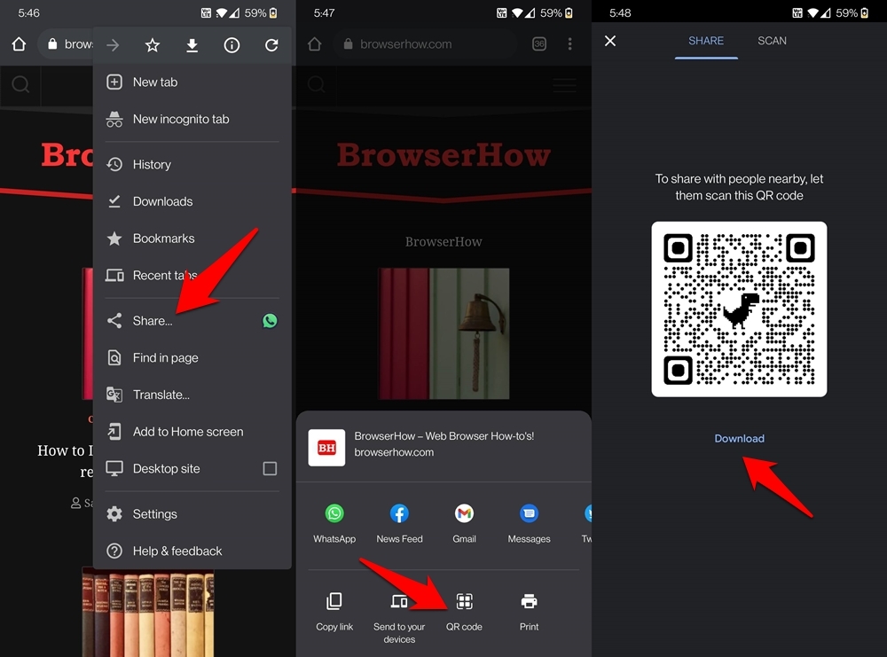 Create a QR code and download on Chrome Android browser