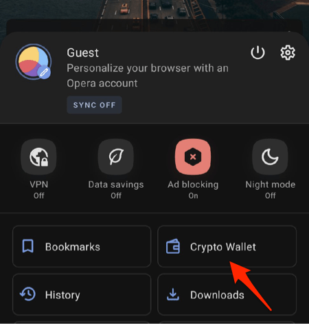 Crypto Wallet menu in Opera Android under Profile menu