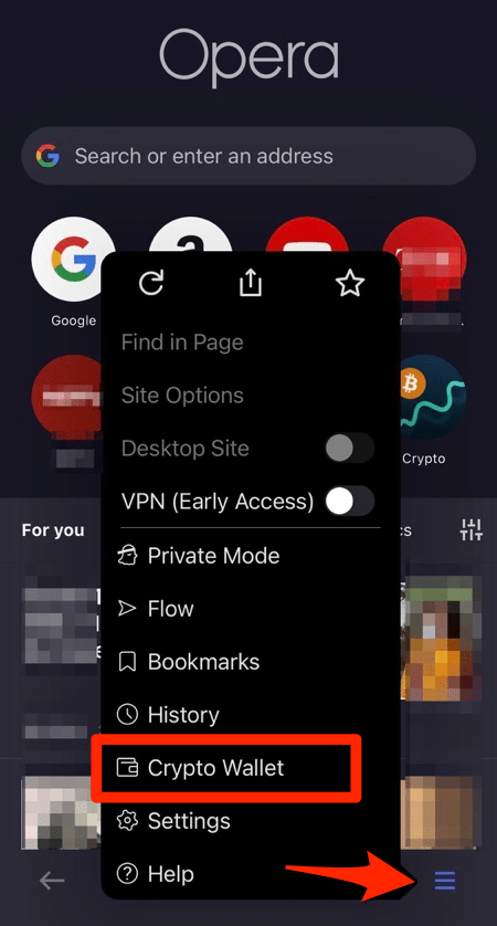 Crypto Wallet option menu in Opera for iPhone