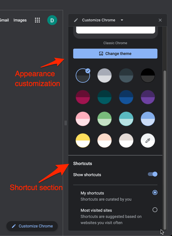 Customize Chrome Appearance and shortcut section in sidebar