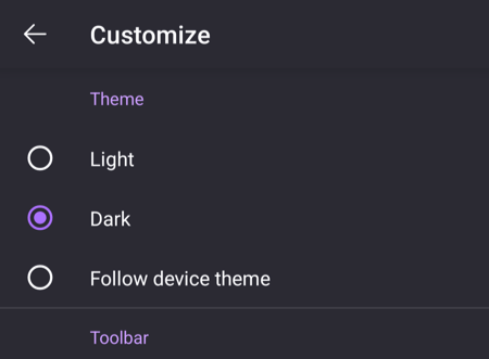 Dark Theme mode selected in Firefox for Android Customize settings