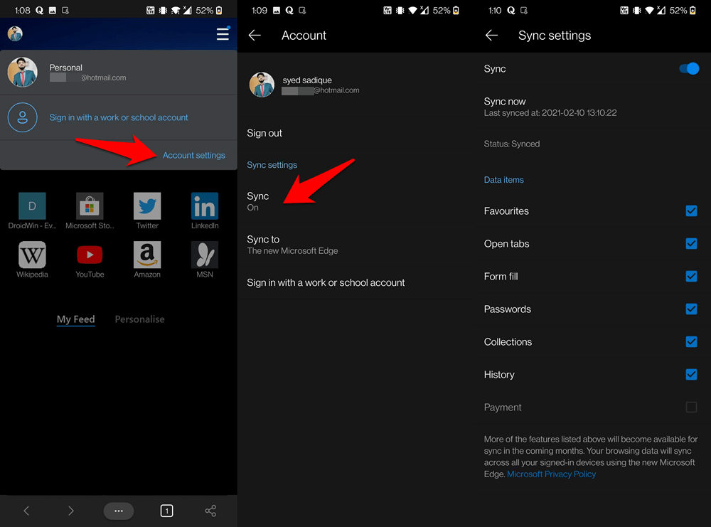 Data Sync Settings in Edge Android browser