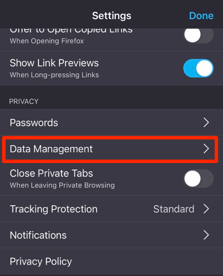 Data Management menu under Privacy section in Firefox for iPhone