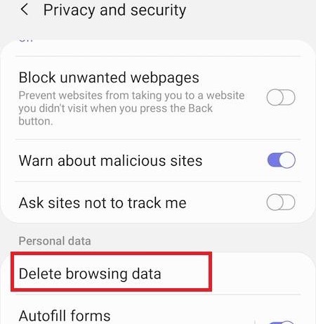 Delete Browsing Data option in Samsung Internet