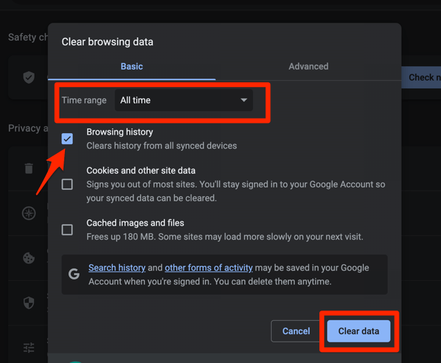 Delete Browsing History from the Chrome computer using Clear browsing data tab