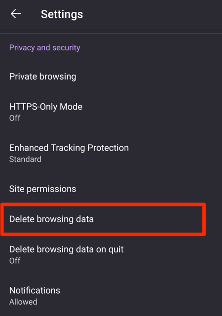 Delete browsing data option in Firefox for Android