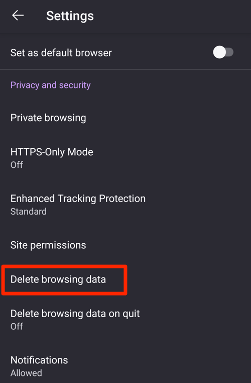 Delete browsing data settings option in Firefox Android